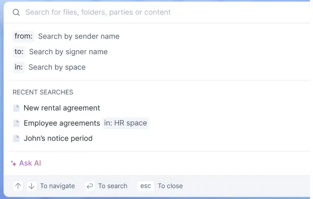 Signeasy interface showing searchable contract fields and recent queries