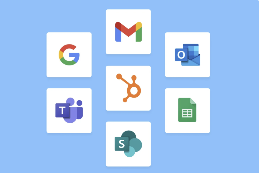 Logos of Google, Gmail, Outlook, Teams, HubSpot, Sheets, and SharePoint integrations
