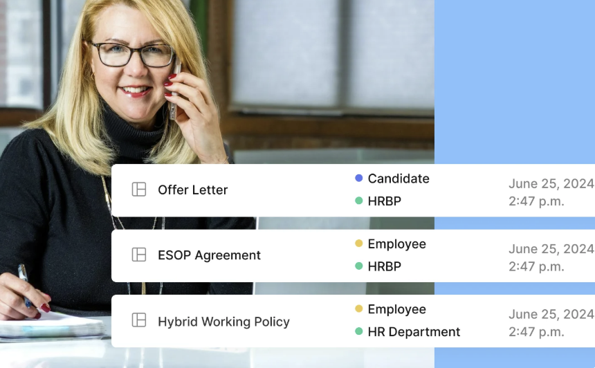 Woman managing documents with Signeasy tracking interface