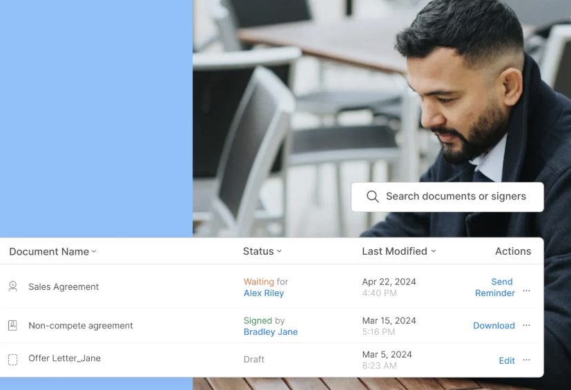 Man reviewing digital contracts with Signeasy document tracker interface