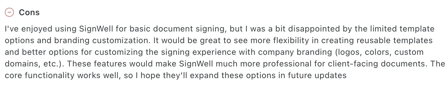 Review noting restricted template options and weak branding controls in SignWell.