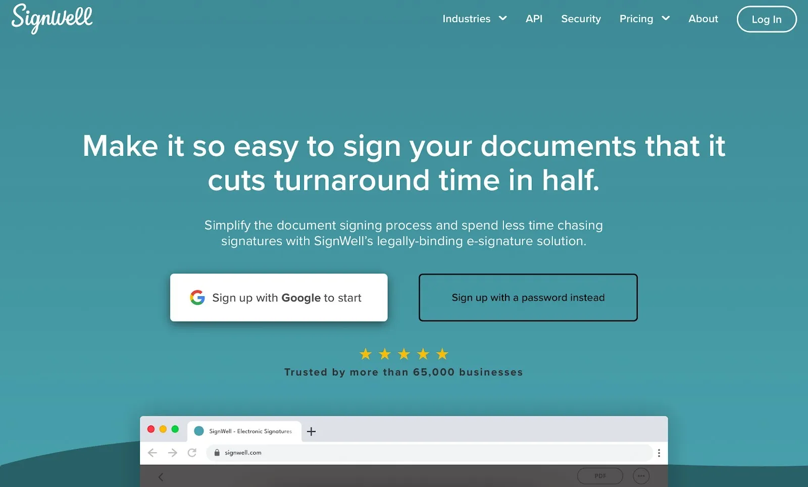 SignWell homepage promoting quick, simple eSignatures.