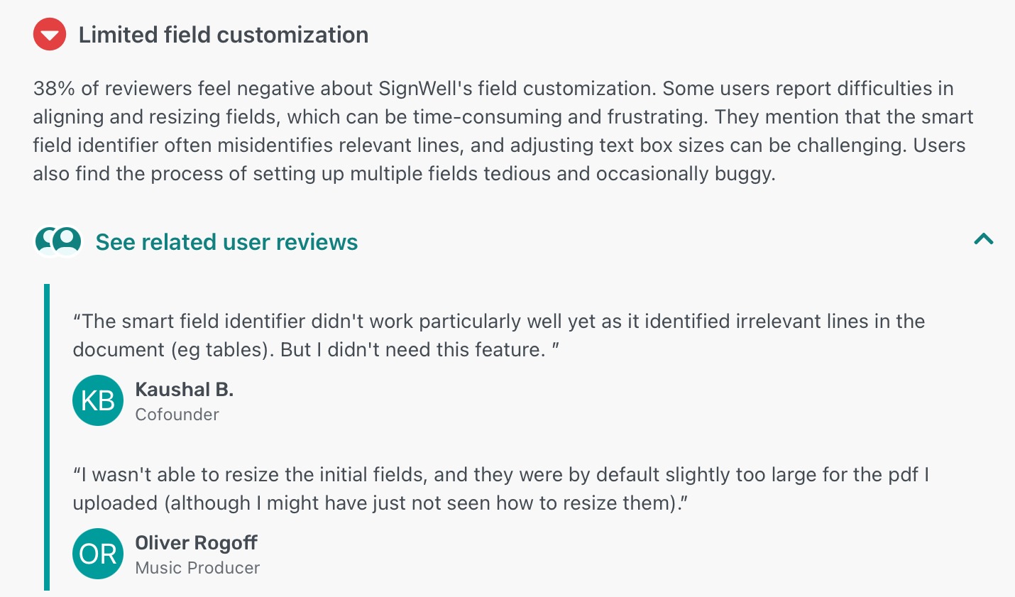 User review noting field customization challenges in SignWell.