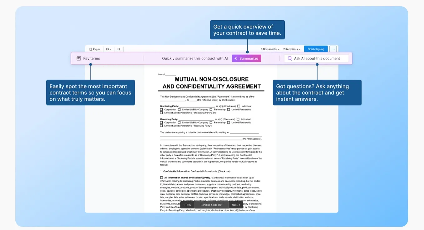 Screenshot of Signeasy’s AI summary tool highlighting key contract.