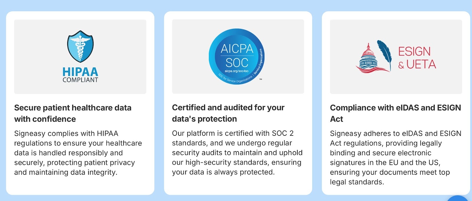 Visual showing Signeasy’s compliance standards