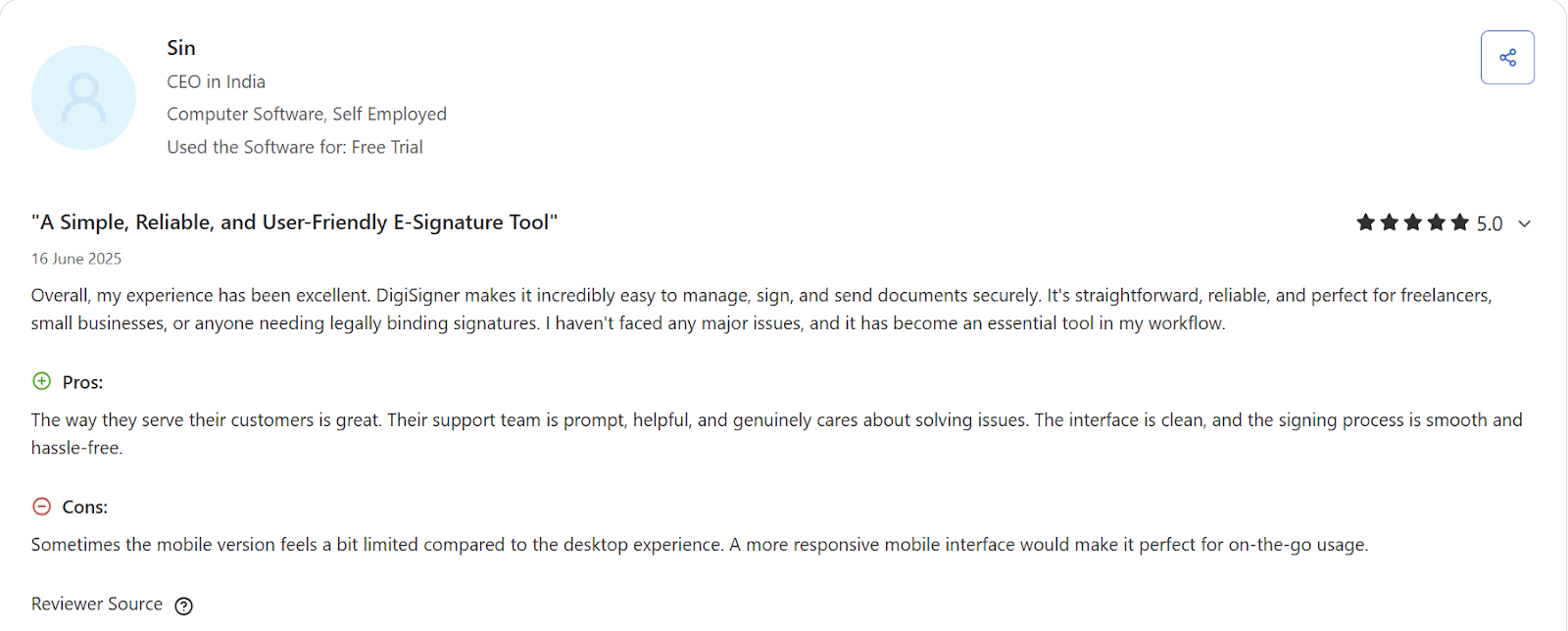 DigiSigner review showing five-star rating, pros, and cons