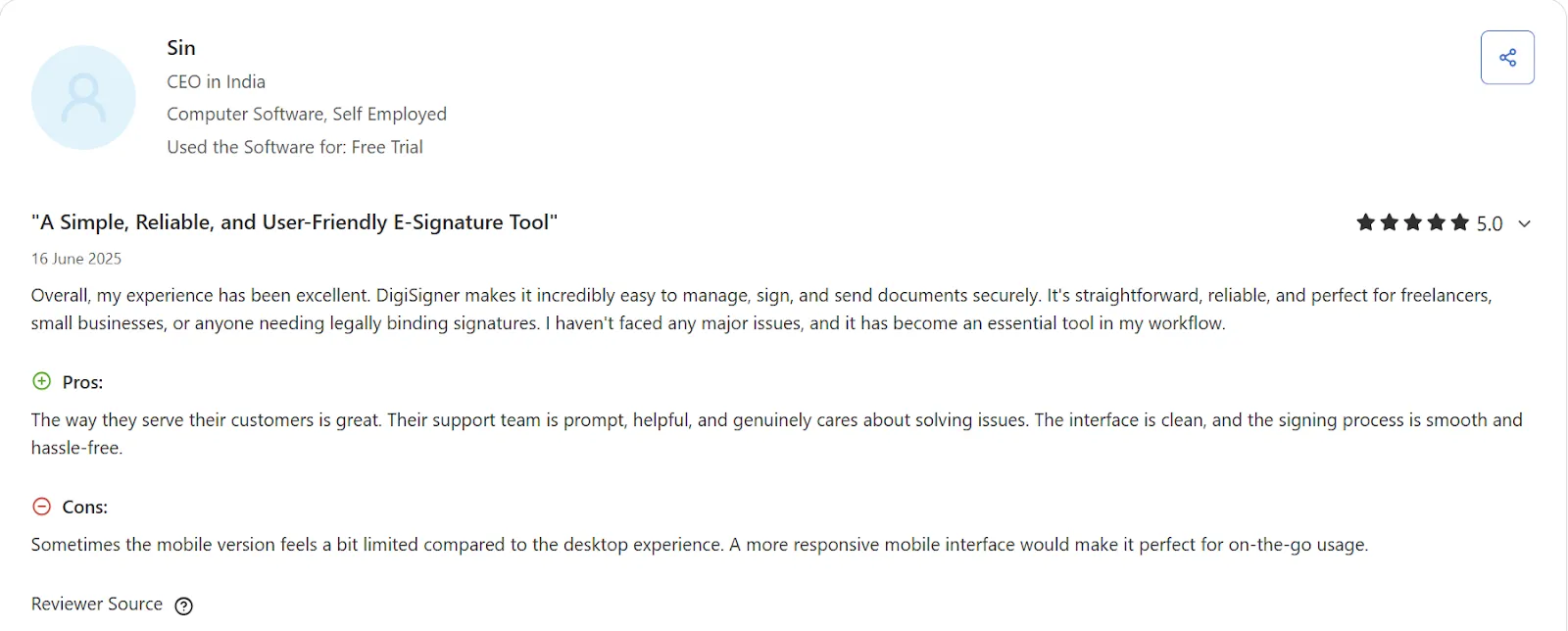 DigiSigner review showing five-star rating, pros, and cons