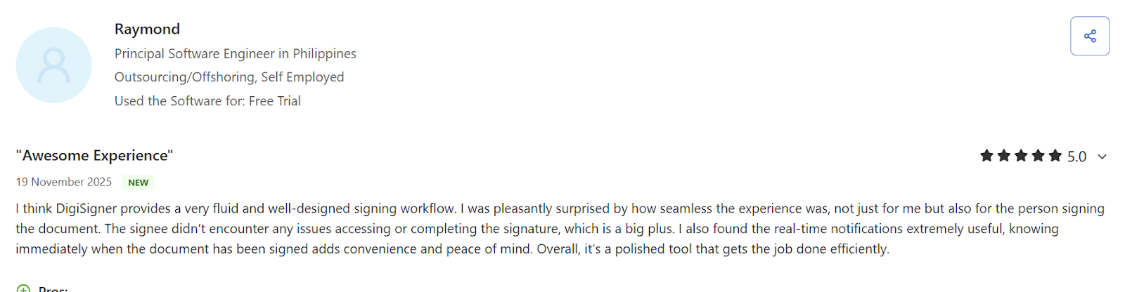 DigiSigner review showing five-star rating and workflow feedback