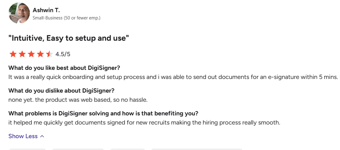 4.5-star review of DigiSigner on G2 by Ashwin T.