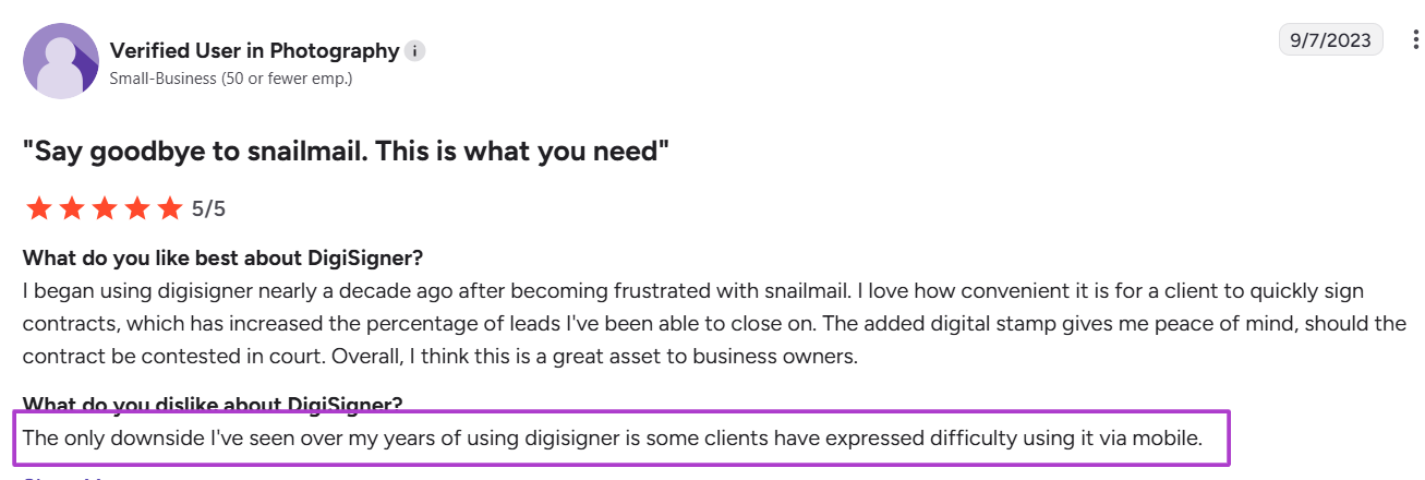 G2 Review of DigiSigner by a user in the photography industry