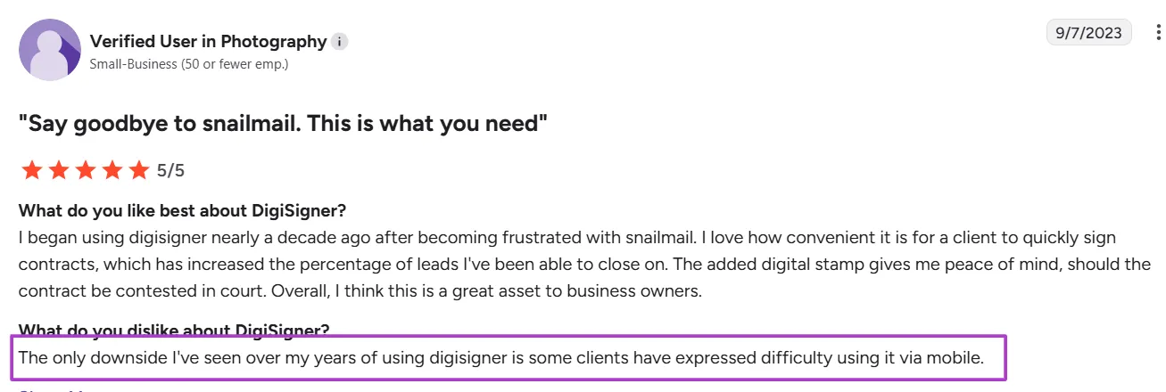 G2 Review of DigiSigner by a user in the photography industry