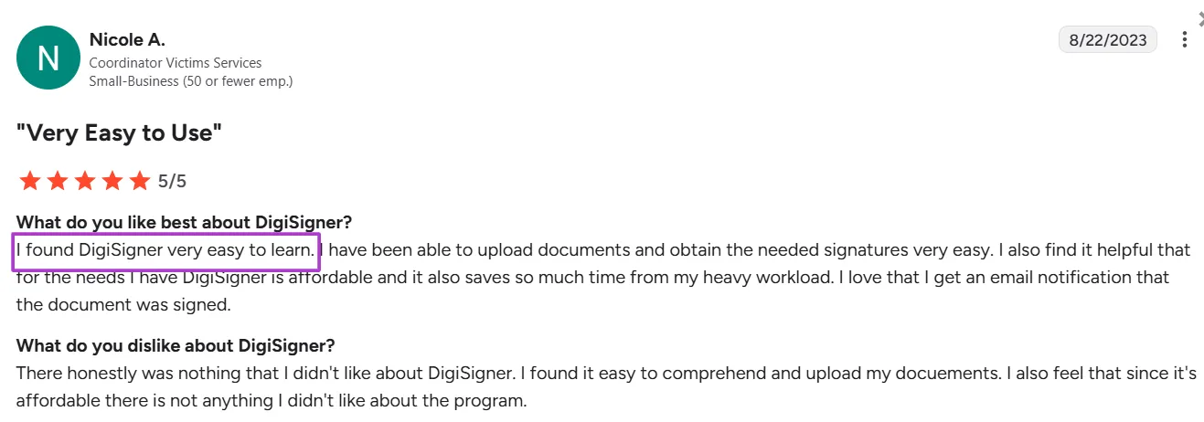 5-star review of DigiSigner on G2 by a User from a small business