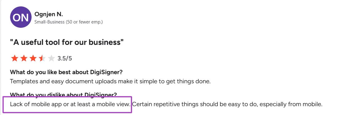Ognjen N. rates DigiSigner 3.5 stars on G2