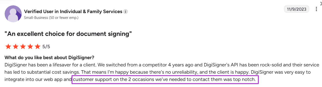 G2 review of DigiSigner from a verified user with 5 stars