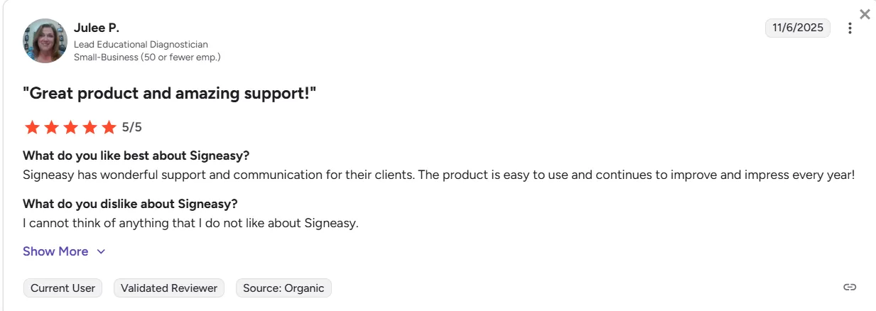 5-star review of Signeasy by Julee P., a Lead Educational Diagnostician on G2