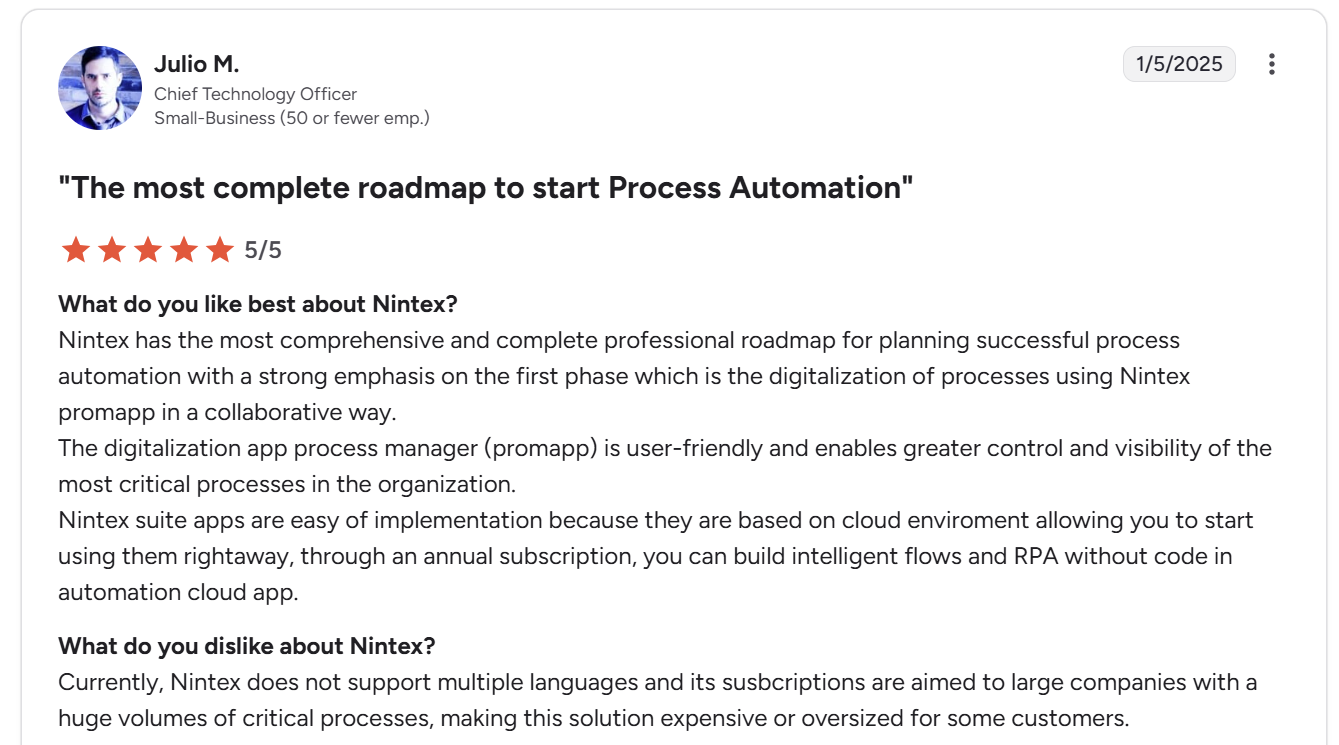 Software review card showing five-star rating and feedback
