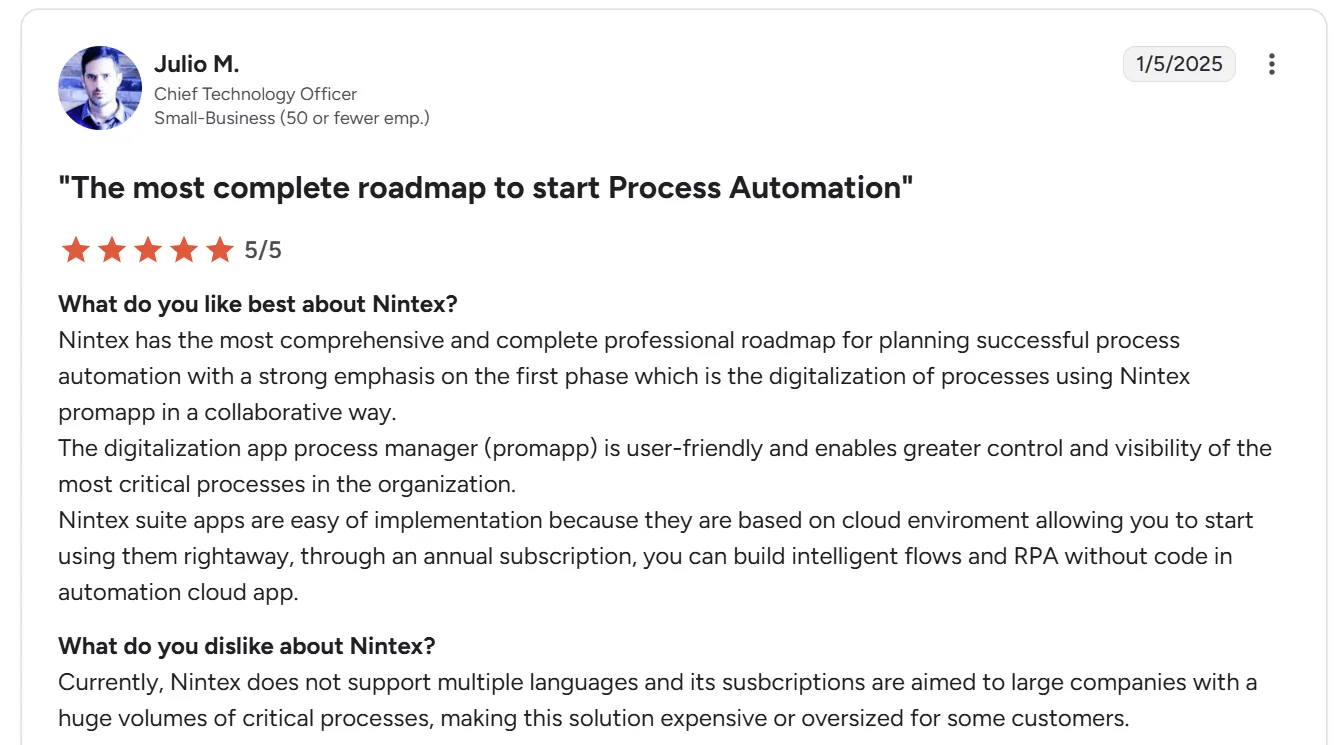 Software review card showing five-star rating and feedback