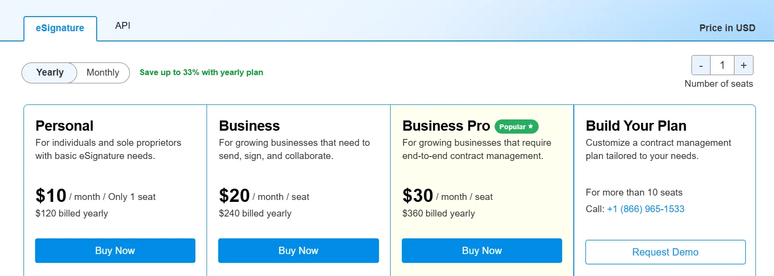 Signeasy pricing page showing clear monthly/yearly subscription costs