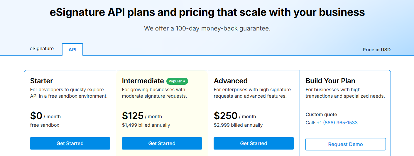 Signeasy eSign API pricing tiers and custom 'Build Your Plan'