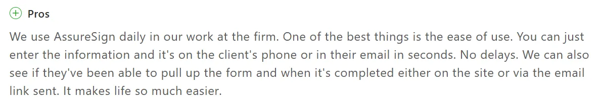 A positive user review on Nintex eSign’s ease of use and rapid delivery