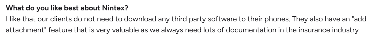 Nintex review highlighting no-download for clients and attachment feature value