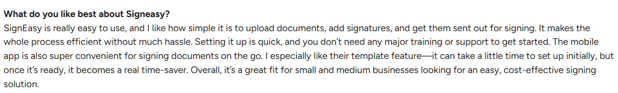 Signeasy review emphasizing easy upload, efficient process, and mobile app