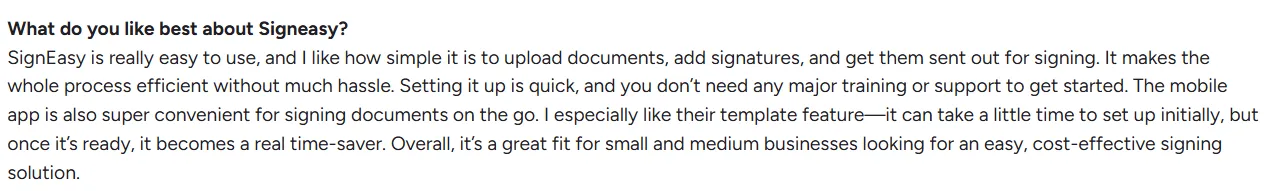 Signeasy review emphasizing easy upload, efficient process, and mobile app