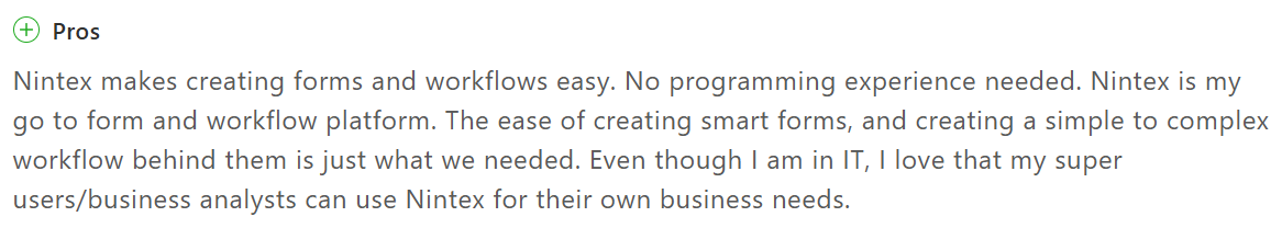 Nintex review highlighting easy workflow creation for business users