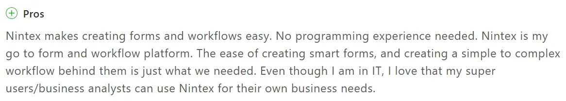 Nintex review highlighting easy workflow creation for business users