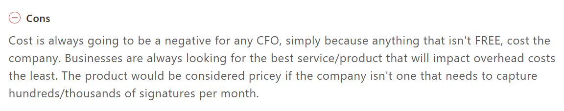 A negative review on Nintex eSign cost being high for low-volume users