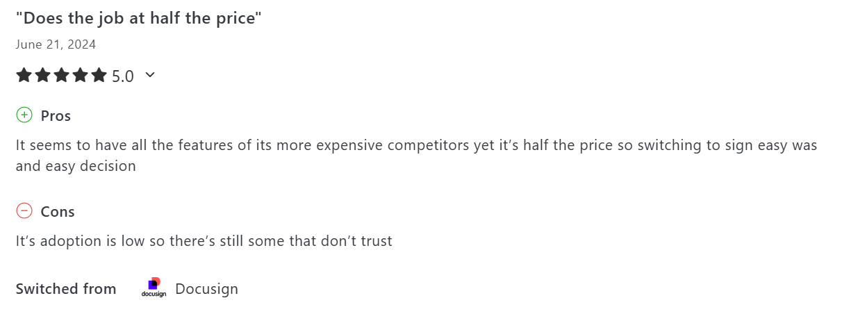 User review of Signeasy claiming 'half the price' of Docusign