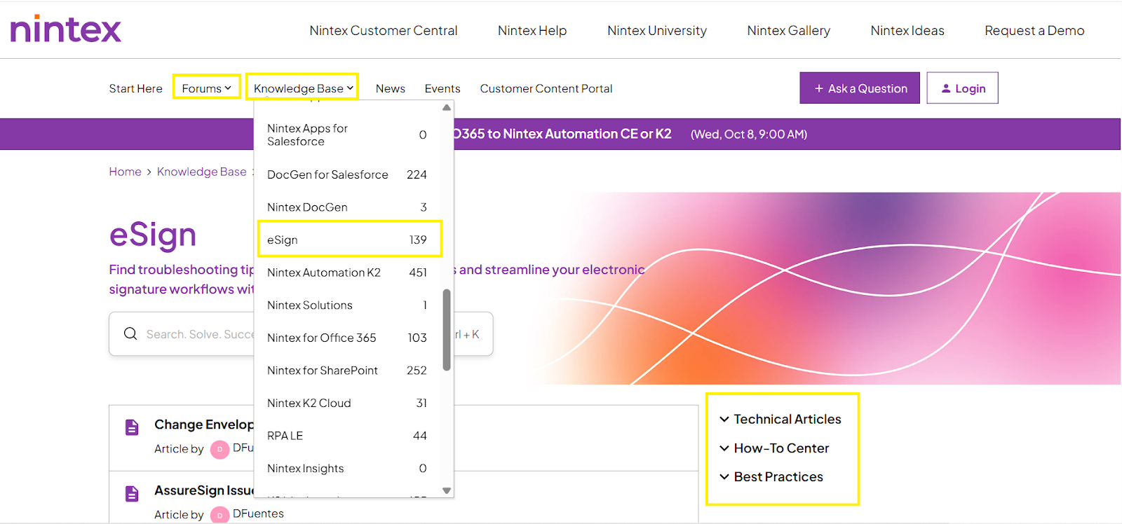 Nintex Customer Central page showing a list of Knowledge Base topics