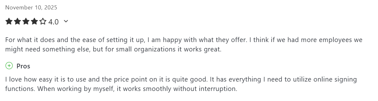 Screenshot of a review for SignRequest mentioning its good price point