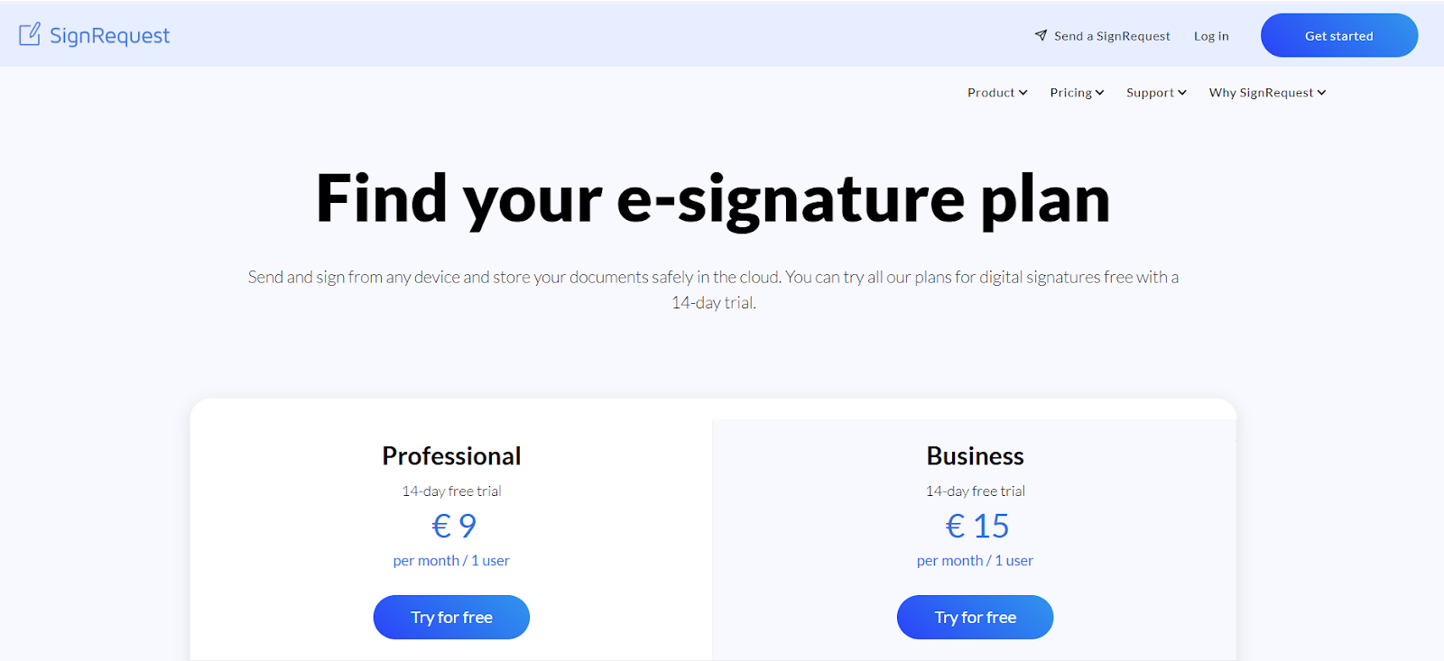 SignRequest pricing page showing Professional (€9) and Business (€15) plans