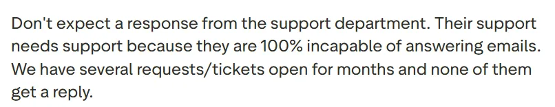 Review criticizes support for not answering emails for months