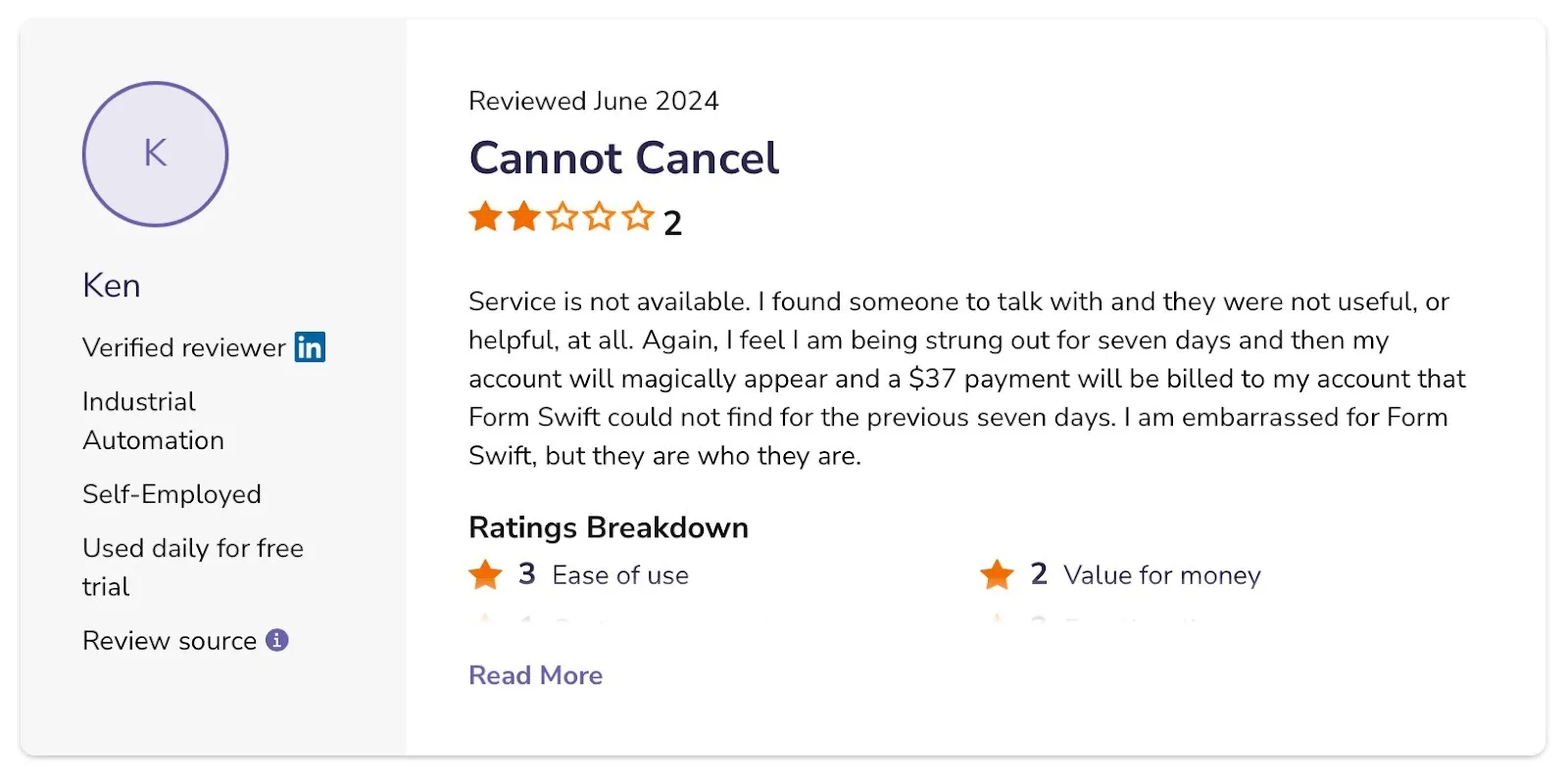 FormSwift user review reporting cancellation difficulties and unexpected charges.