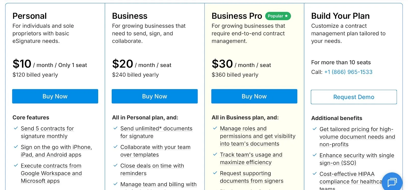 Signeasy pricing page.