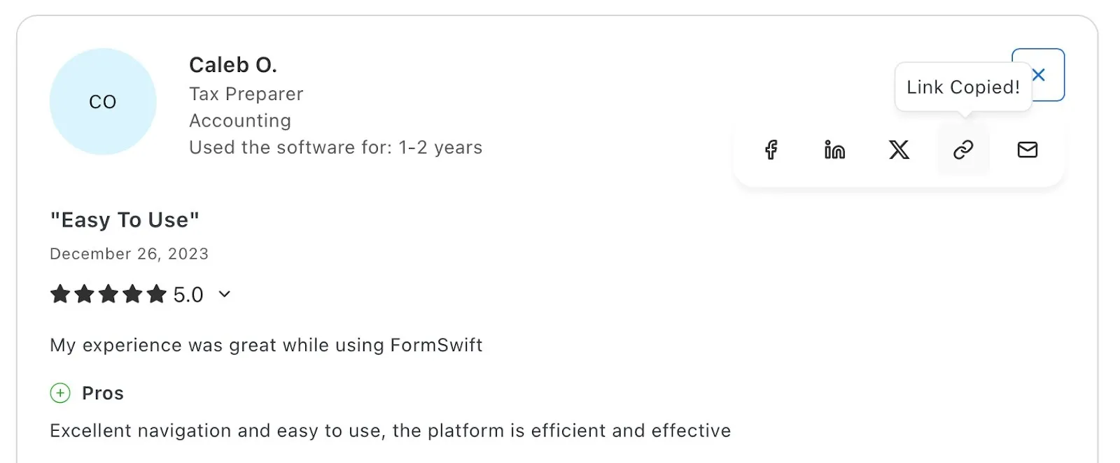 Screenshot of a FormSwift review by Caleb O. describing the platform as easy to use and effective.