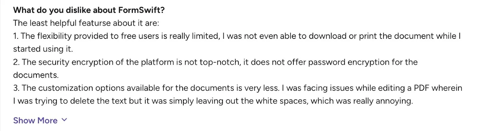 FormSwift user review highlighting limited free plan flexibility, weak security, and poor customization.