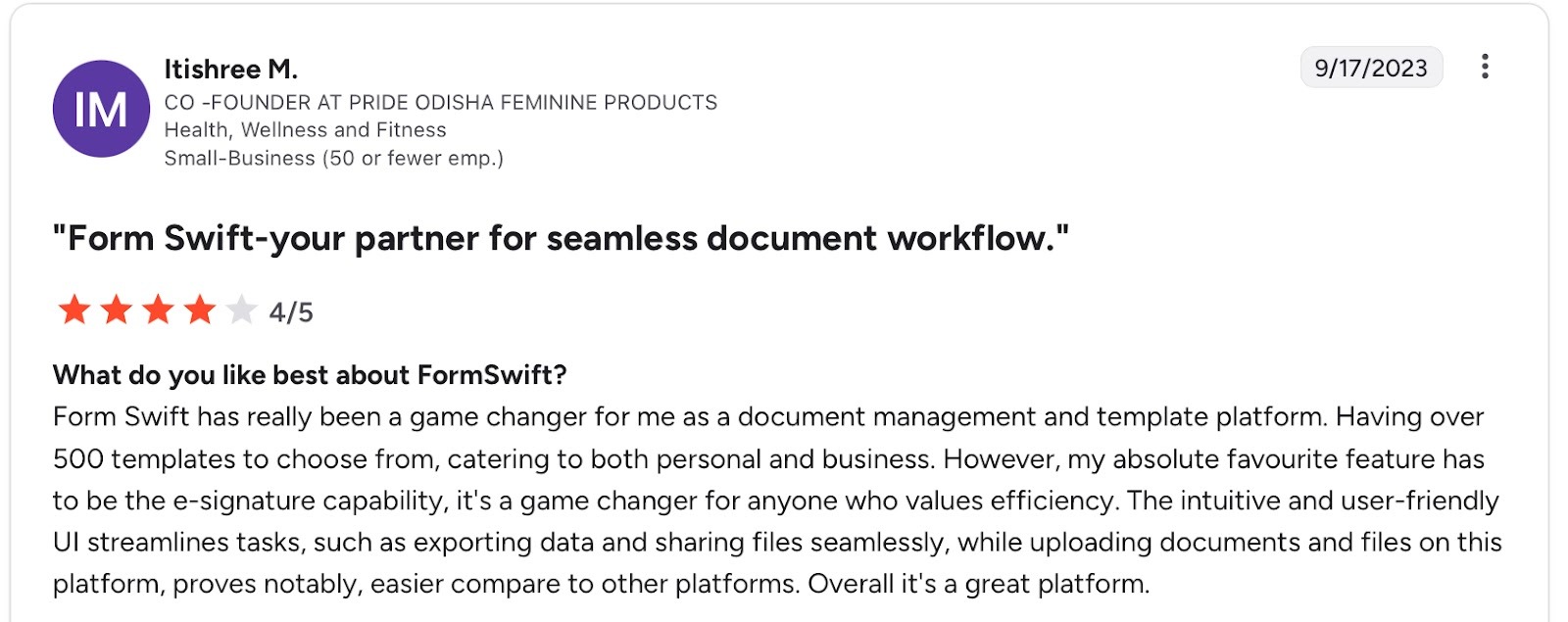 Positive FormSwift review praising template variety, eSignature feature, and ease of use.
