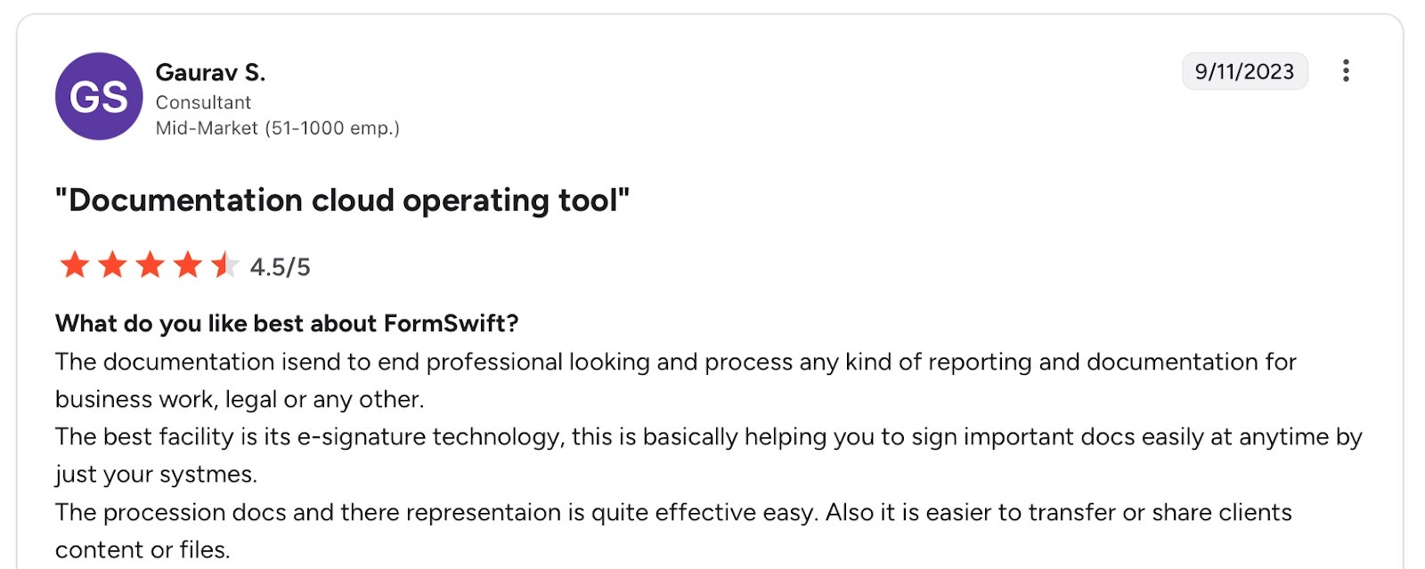Positive FormSwift review highlighting professional document output and eSignature convenience.