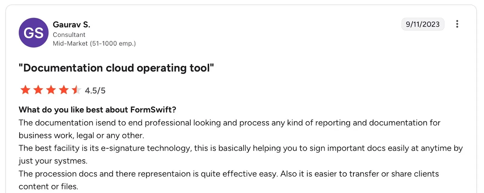 Positive FormSwift review highlighting professional document output and eSignature convenience.