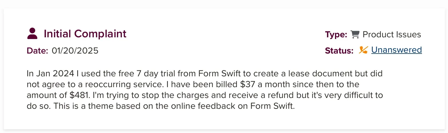 User complaint about recurring $37 monthly FormSwift charges after free trial.