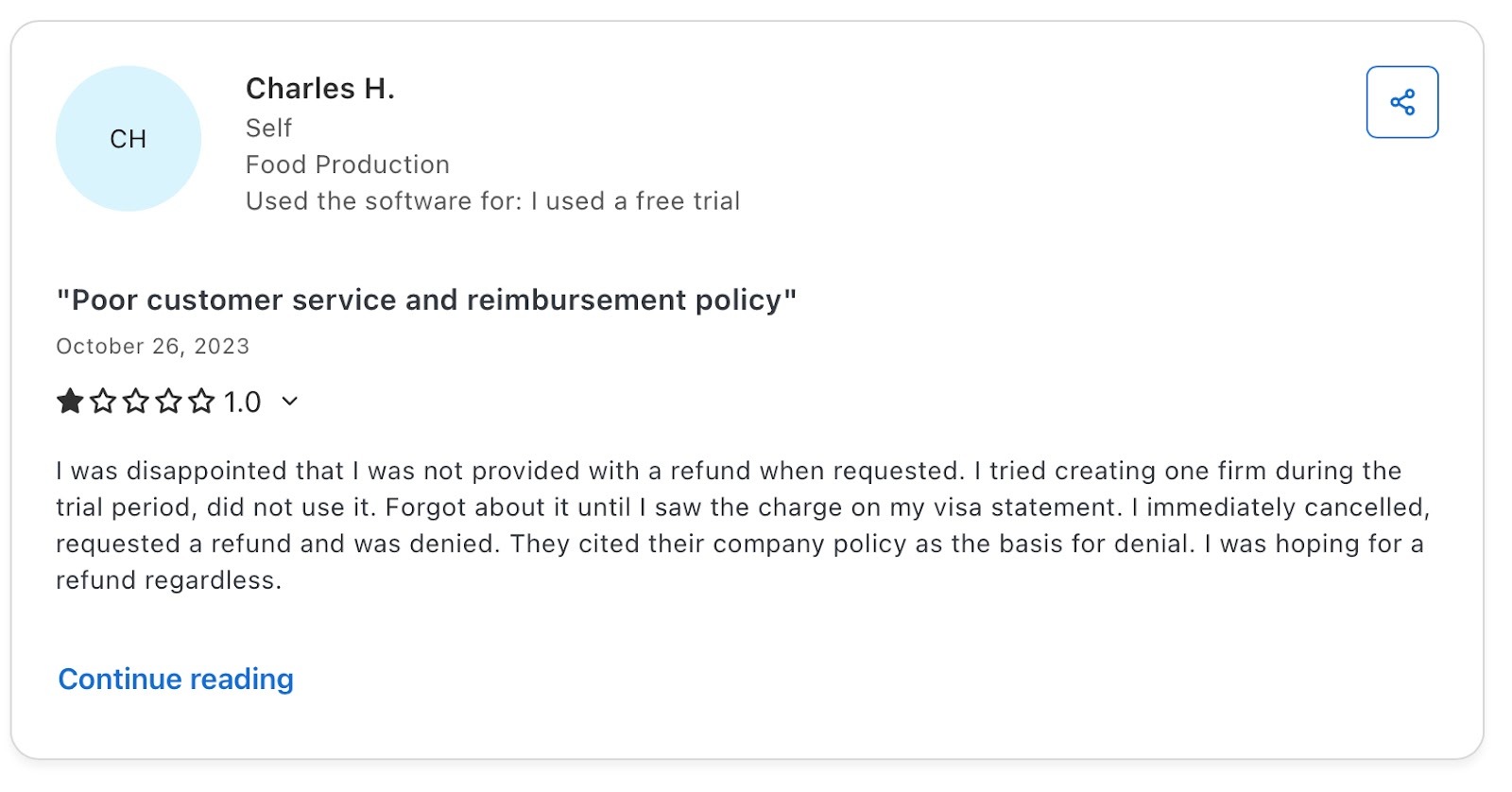Negative FormSwift review citing poor refund policy and unhelpful customer service.