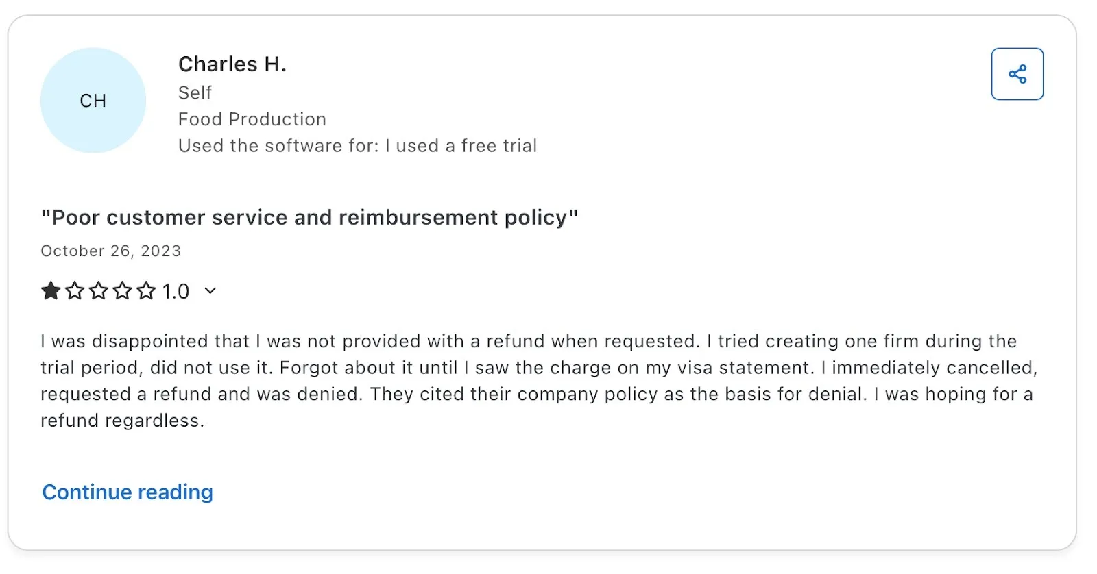 Negative FormSwift review citing poor refund policy and unhelpful customer service.