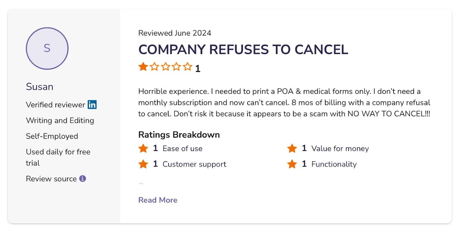 Negative FormSwift review describing cancellation problems and ongoing unwanted billing