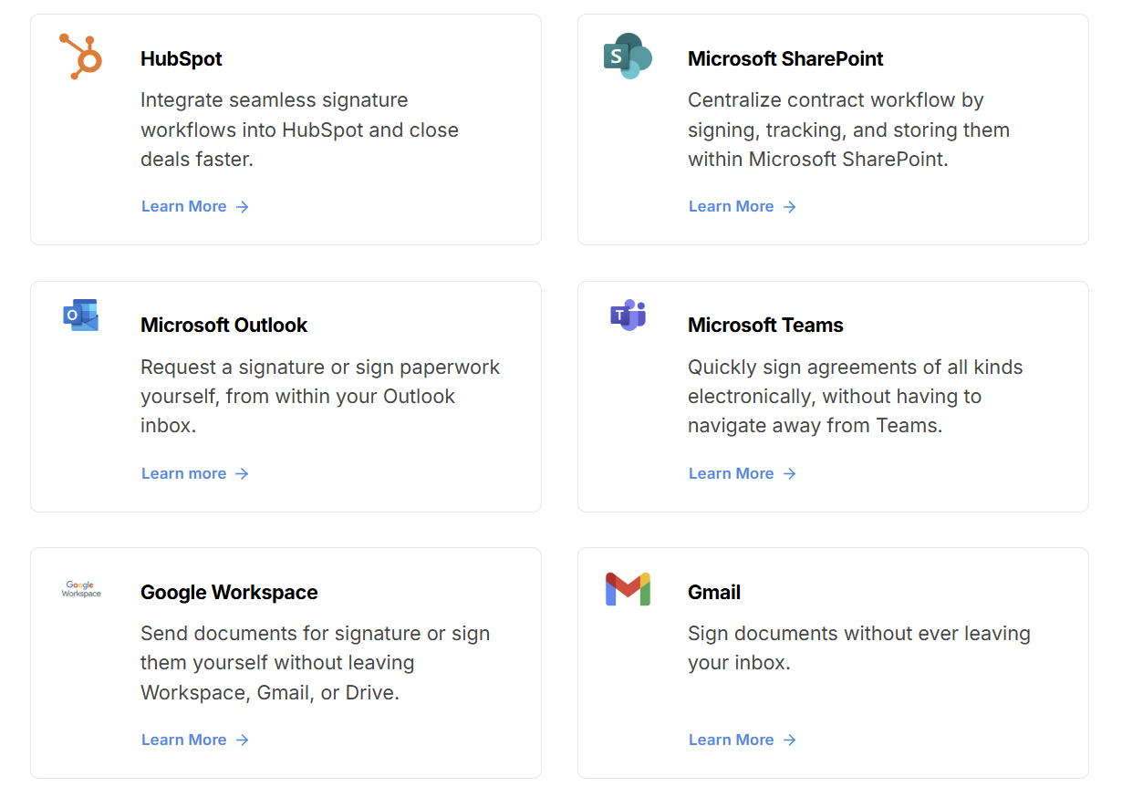 Signeasy integrations with Google Workspace, HubSpot, and Microsoft SharePoint.