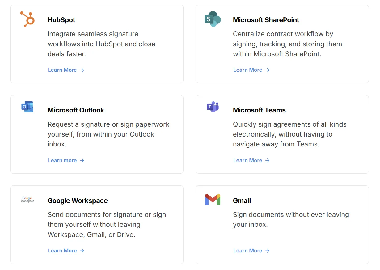 Signeasy integrations with Google Workspace, HubSpot, and Microsoft SharePoint.