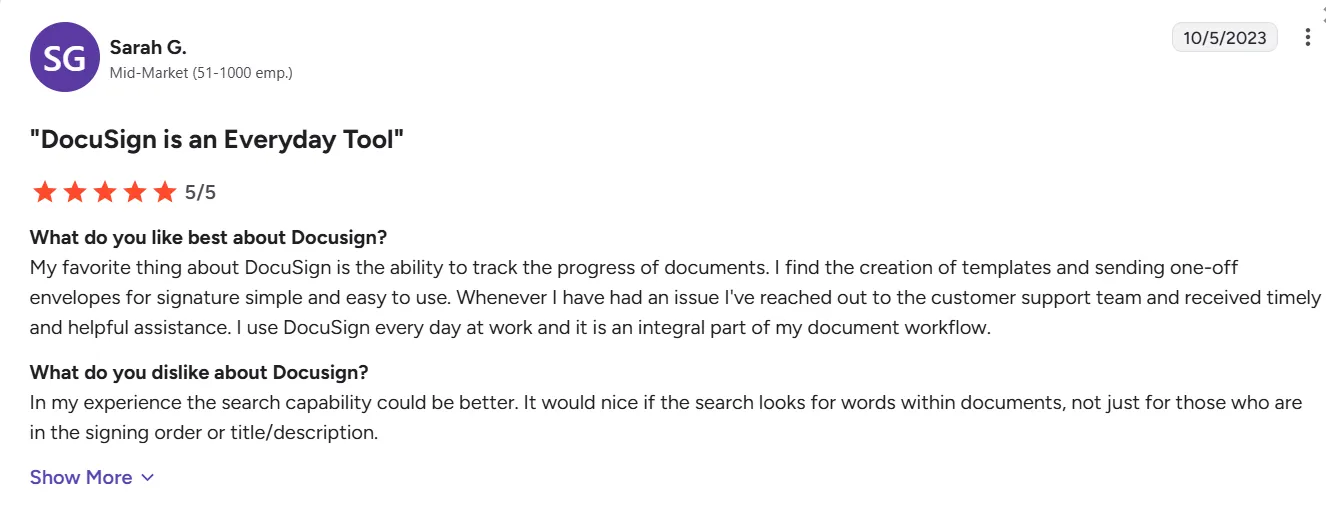 Sarah G.’s 5-star Review of Docusign on G2