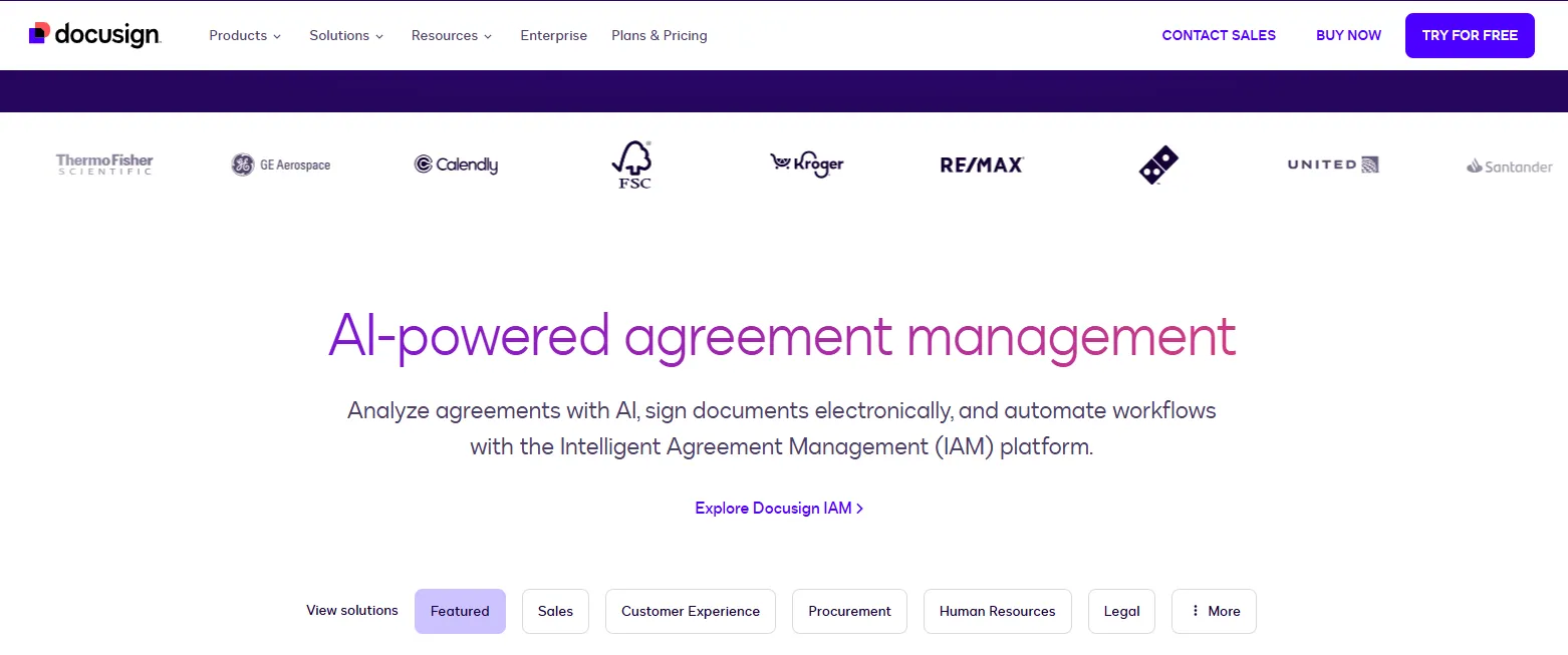 Landing Page for Docusign Contract Management Tool